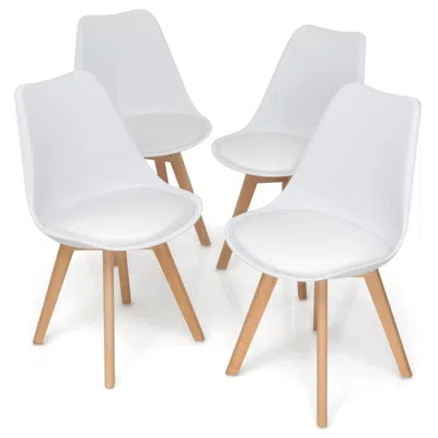 HIVVAGO SET OF 4 MODERN MID-CENTURY STYLE WHITE PU LEATHER DINING CHAIRS WITH WOOD LEGS