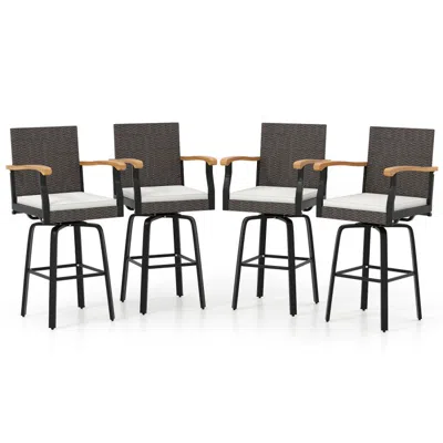 Hivvago Set Of 4 Outdoor 360° Swivel Bar Stool With Cushion In Brown
