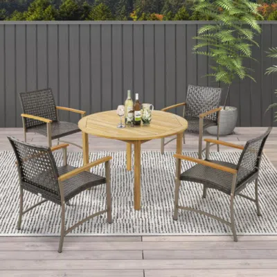 Hivvago Set Of 4 Patio Rattan Dining Chairs With Acacia Wood Armrests-set Of 4 In Gray