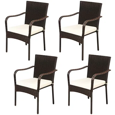 Hivvago Set Of 4 Patio Rattan Stackable Dining Chair With Cushioned Armrest For Garden In Brown