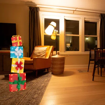Hivvago Set Of 4 Pre-lit 2d Christmas Gift Box Decorations - Lighted Stacked Holiday Presents In Multi