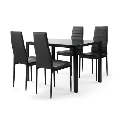 Hivvago Set Of 5 4 Seater Tempered Glass Dining Table And Faux Leather Chair Set - Black