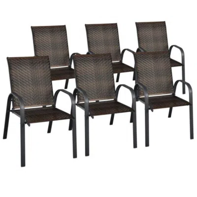 Hivvago Set Of 6 Outdoor Pe Wicker Stackable Chairs With Sturdy Steel Frame-brown