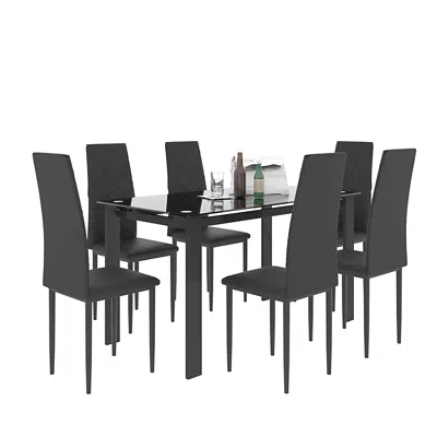 Hivvago Set Of 7 6 Seater Tempered Glass Dining Table And Faux Leather Chair Set - Black