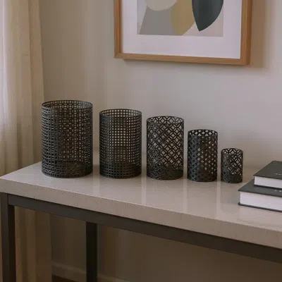 Hivvago Set Of Five Dark Brown Pierced Geometric Metal Tabletop Hurricane Candle Holders In Black