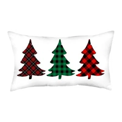 Hivvago Set Of Four 12" X 20" White Red And Green Christmas Trees Plaid Fabric Lumbar Throw Pillows