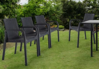 Hivvago Set Of Four 24" Black Faux Rattan Heavy Duty Plastic Outdoor Stacking Arm Chairs