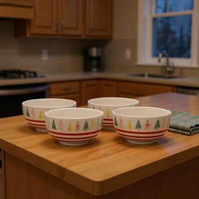 HIVVAGO SET OF FOUR 6" WHITE GREEN AND RED CERAMIC CHRISTMAS TREES ROUND CANDY OR NUT BOWLS