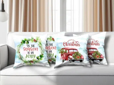 Hivvago Set Of Four Green Red And White Merry Christmas Tis The Season Christmas Wreath Fabric Throw Pillows In Multi
