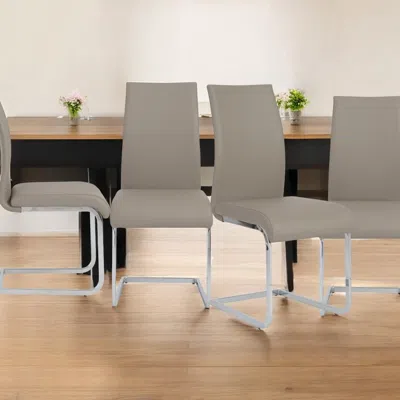 Hivvago Set Of Four Taupe And Silver Upholstered Leather Dining Side Chairs In Neutral
