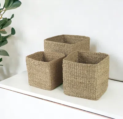 Hivvago Set Of Three 16" Brown Square Wicker Basket