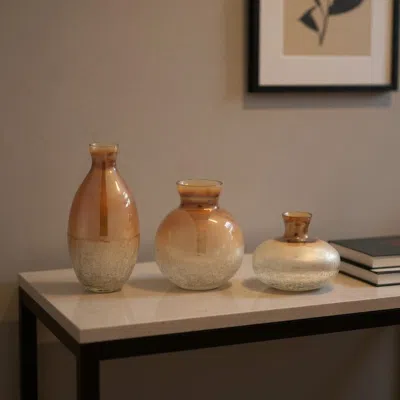 Hivvago Set Of Three Beige And Brown Crackle Glaze Glass Table Vases