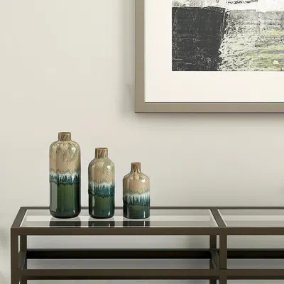 Hivvago Set Of Three Beige Blue And Green Round Ceramic Table Vase In Multi
