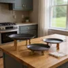 Hivvago Set Of Three Black And Brown Manufactured Wood And Metal Round Riser Tray With Handles In Black
