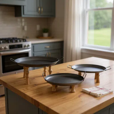 Hivvago Set Of Three Black And Brown Manufactured Wood And Metal Round Riser Tray With Handles