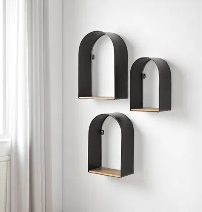 Hivvago Set Of Three Black And Brown Metal And Solid Wood Arched Wall Mounted Accent Shelf