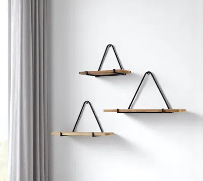 Hivvago Set Of Three Black And Brown Metal And Solid Wood Triangle Wall Mounted Accent Shelves