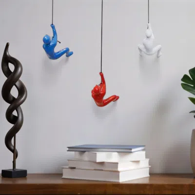 Hivvago Set Of Three Blue Red And White Resin Climbing Man Hanging Dimensional Sculpture In Multi