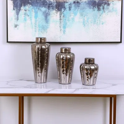 Hivvago Set Of Three Bronze And Silver Round Ceramic Table Vase In Gold