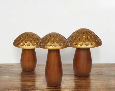 Hivvago Set Of Three Brown And Gold Wood Mushroom Tabletop Sculptures