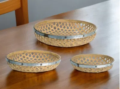Hivvago Set Of Three Brown Round Solid Wood Serving Tray In Neutral
