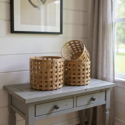 Hivvago Set Of Three Brown Woven Wood Baskets