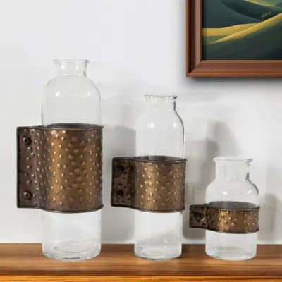 Hivvago Set Of Three Clear And Bronze Hammered Cylinder Metal And Glass Table Vase In Brown