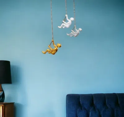 Hivvago Set Of Three Gold Silver And White Resin Climbing Man Hanging Dimensional Sculpture In Multi