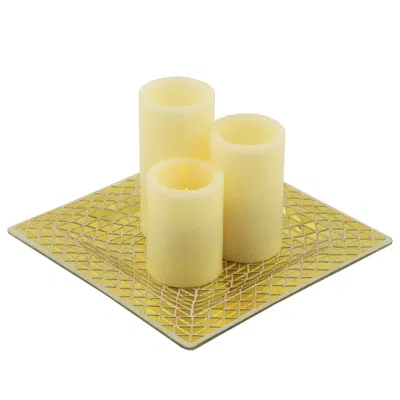 Hivvago Set Of Three Ivory Flameless Pillar Candles With Gold Holder In Yellow