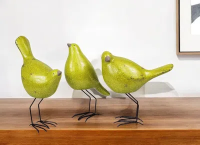 Hivvago Set Of Three Lemongrass Green Polyresin And Metal Bird Sculptures