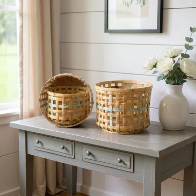 Hivvago Set Of Three Natural Wicker And Galvanized Metal Woven Baskets In Brown