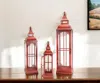 Hivvago Set Of Three Red Distressed Ornate Glass And Metal Floor Lantern Candle Holders In Red