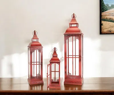 Hivvago Set Of Three Red Distressed Ornate Glass And Metal Floor Lantern Candle Holders