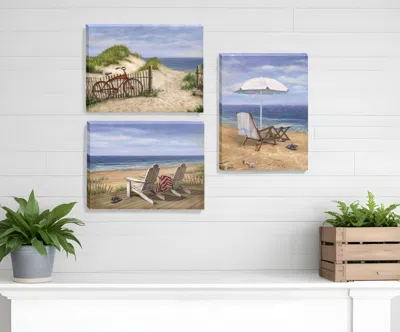 Hivvago Set Of Three Sand Beach Designs Wrapped Canvas Print Wall Art In Blue
