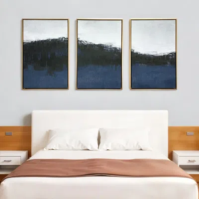 Hivvago Set Of Three Sapphire Abstract Gold Floater Frame Wall Art In Brown