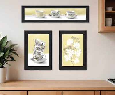 Hivvago Set Of Three Tea Cups And Yellow Flowers Black Framed Print Kitchen Wall Art
