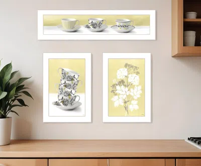Hivvago Set Of Three Tea Cups And Yellow Flowers White Framed Print Kitchen Wall Art In Multi