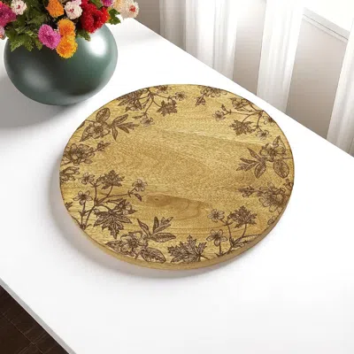 Hivvago Set Of Two 12" Brown Solid Wood Floral Round Serving Trays
