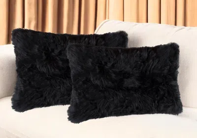 Hivvago Set Of Two 12" X 20" Black Sheepskin Lumbar Throw Pillows