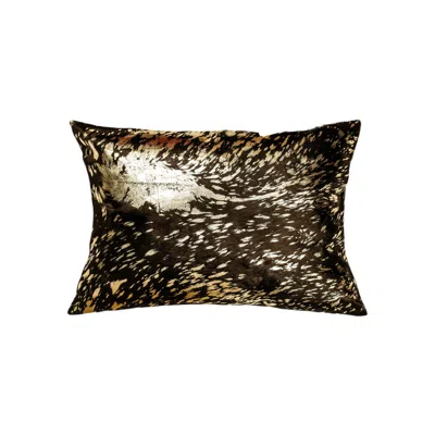 HIVVAGO SET OF TWO 12" X 20" CHOCOLATE AND GOLD ABSTRACT COWHIDE LUMBAR THROW PILLOWS WITH GLITTER