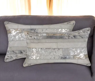 Hivvago Set Of Two 12" X 20" Gray And Silver Striped Cowhide Lumbar Throw Pillows With Glitter