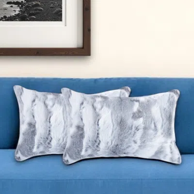 Hivvago Set Of Two 12" X 20" Gray Rabbit Natural Fur Throw Pillow In Blue