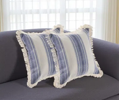 Hivvago Set Of Two 18" Blue And Cream Cotton Throw Pillows With Fringe