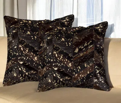 Hivvago Set Of Two 18" Chocolate And Gold Chevron Cowhide Throw Pillows With Glitter In Brown