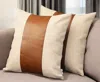 Hivvago Set Of Two 18" Ivory And Brown Color Block Fabric And Faux Leather Throw Pillows In Neutral