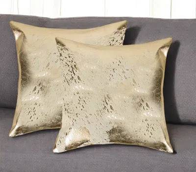Hivvago Set Of Two 18" Natural And Gold Abstract Cowhide Throw Pillows With Glitter