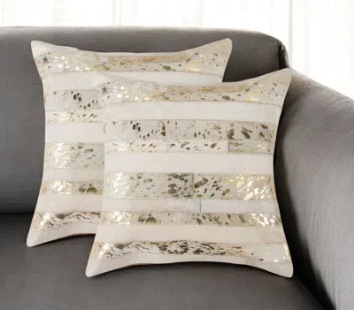 Hivvago Set Of Two 18" Natural And Gold Striped Cowhide Throw Pillows With Glitter