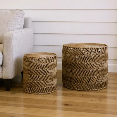 Hivvago Set Of Two 18" Natural Woven Rattan End Tables In Brown