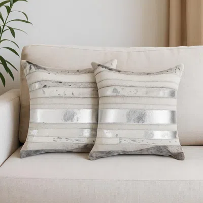 Hivvago Set Of Two 18" Silver And Gray Cowhide Throw Pillows In White