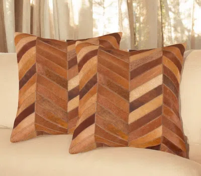 Hivvago Set Of Two 18" Tan Chevron Cowhide Throw Pillows In Brown